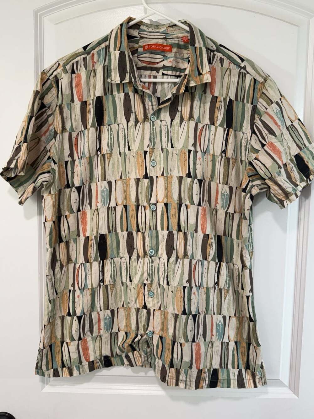 Tori Richard Surfboard Print Hawaiian Aloha Shirt Coastal Resort Size L